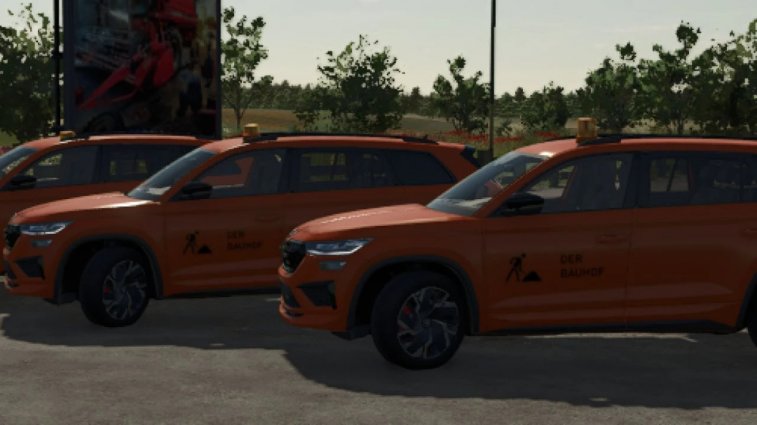 Farming Simulator 25 mod: Orange Skoda Kodiaq vehicles with 'DER BAUhof' logo, part of the Construction Yard version v1.0.0.0 in FS25.