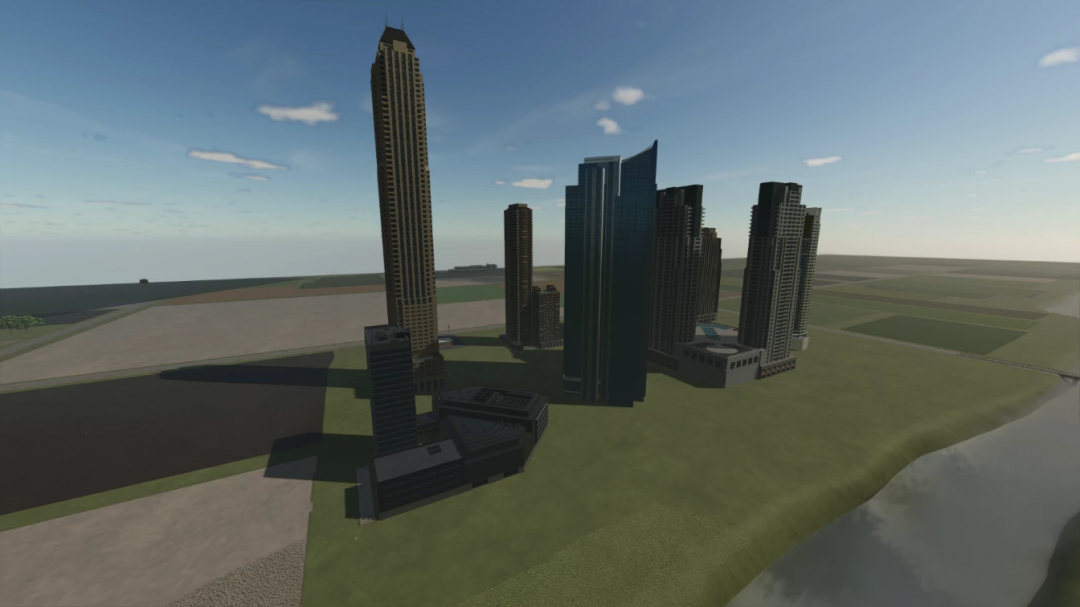 Farming Simulator 25 mod showcasing a city skyline with skyscrapers, part of the Skyscraper Pack v1.0.0.0 for FS25.
