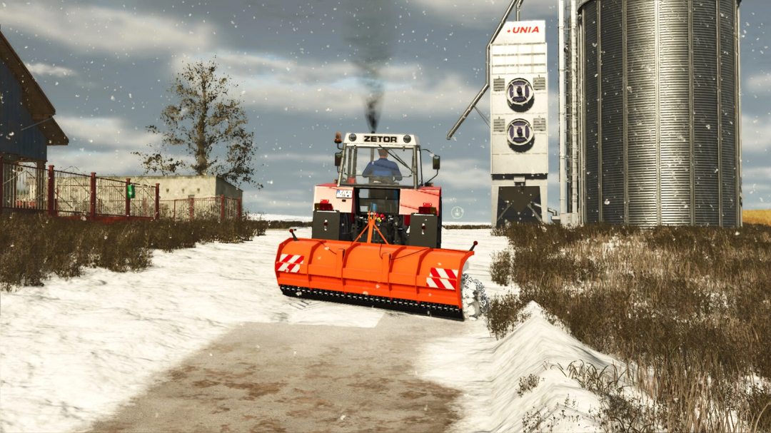 Farming Simulator 25 mod showing a snow plow clearing snow on a farm path, part of the Snow Plows v1.0.0.0 mod for FS25.
