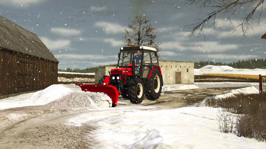 Farming Simulator 25 mod: a tractor with snow plow clearing snow on the farm during winter.