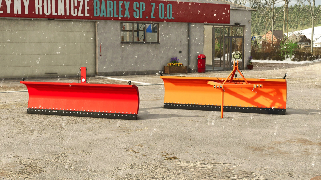 Two snow plows, one red and one orange, are parked outside a building in Farming Simulator 25. Mod for FS25 snow removal equipment.