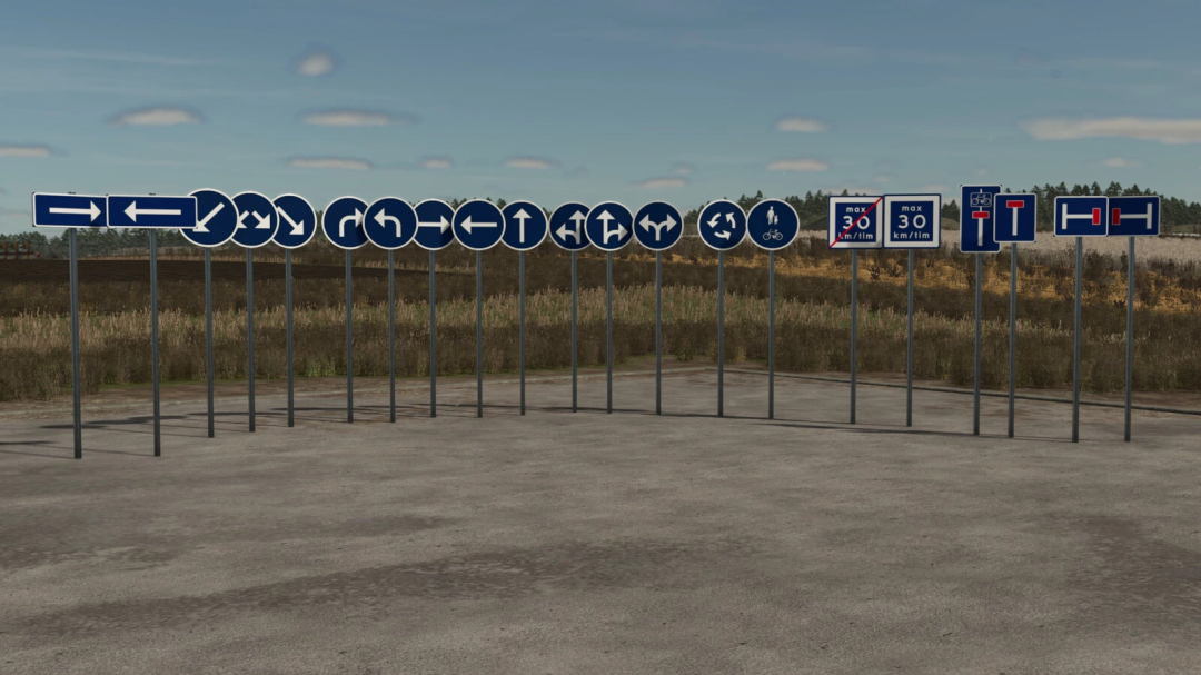 Row of blue road signs with directional arrows and traffic rules, for Farming Simulator 25 mods, Swedish Road Sign Pack Placeable v1.0.0.1.