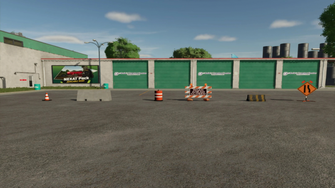 In-game scene showing roadwork with traffic cones, barricades, and signs indicating the road is closed in Farming Simulator 25 mods.