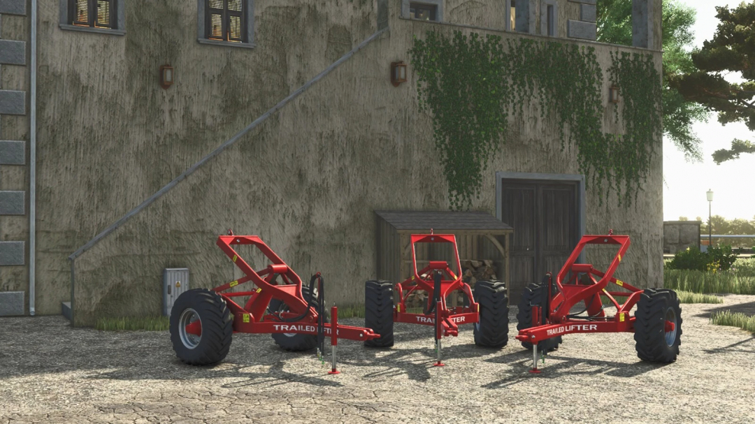 Image of three red trailed lifters from FS25 mods in Farming Simulator 25, placed outdoors near a building wall with green ivy.