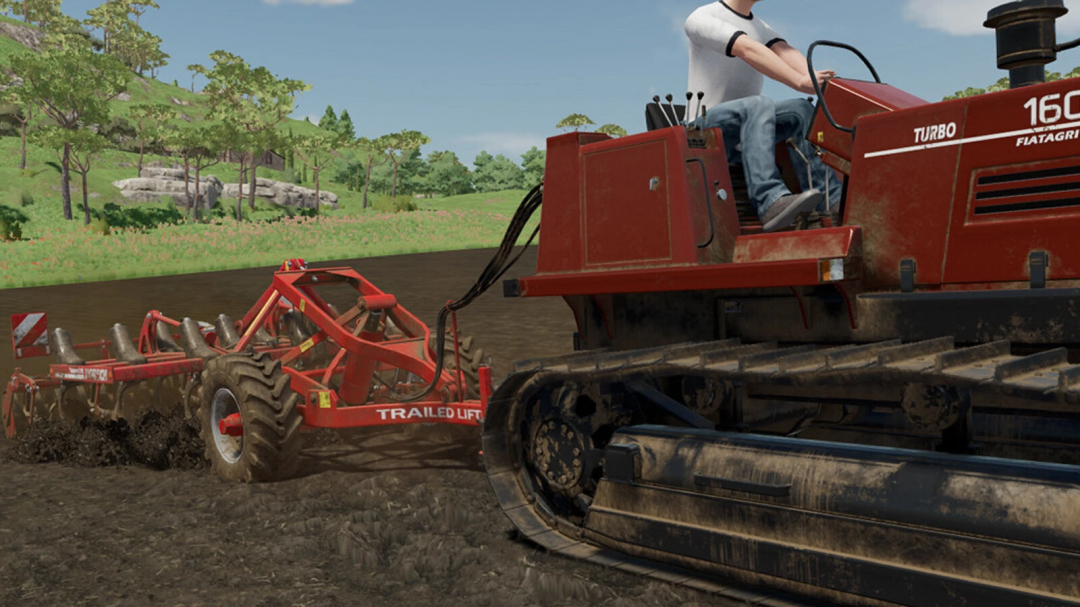 Farming Simulator 25 mod: Red Trailed Lifter attached to a tracked tractor on a farm field.