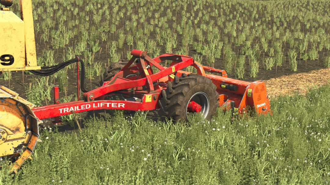 Trailed Lifter mod from Farming Simulator 25, used for lifting and transporting heavy loads on the farm, with a red frame and large tires.