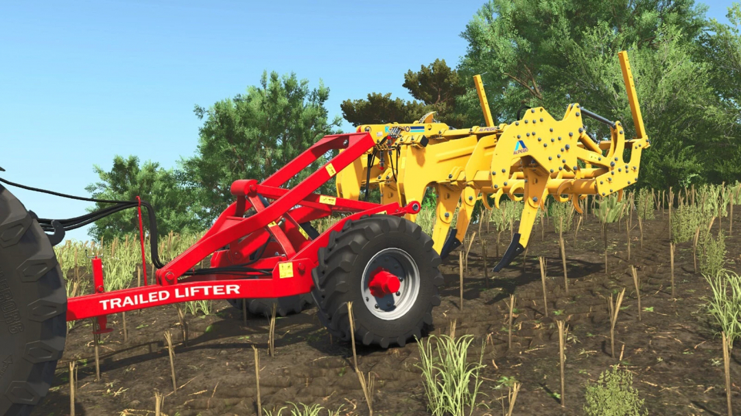 Farming Simulator 25 mod: Trailed Lifter attachment connected to a tractor, used for lifting and handling loads on farmland.