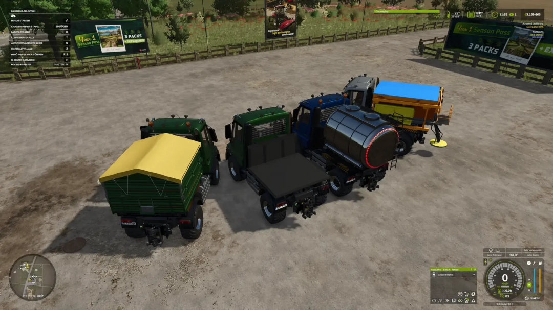 Farming Simulator 25 mods: Unimog U400 V1.5.0.0, showcased with multiple vehicles and tanks, perfect for FS25 gameplay.