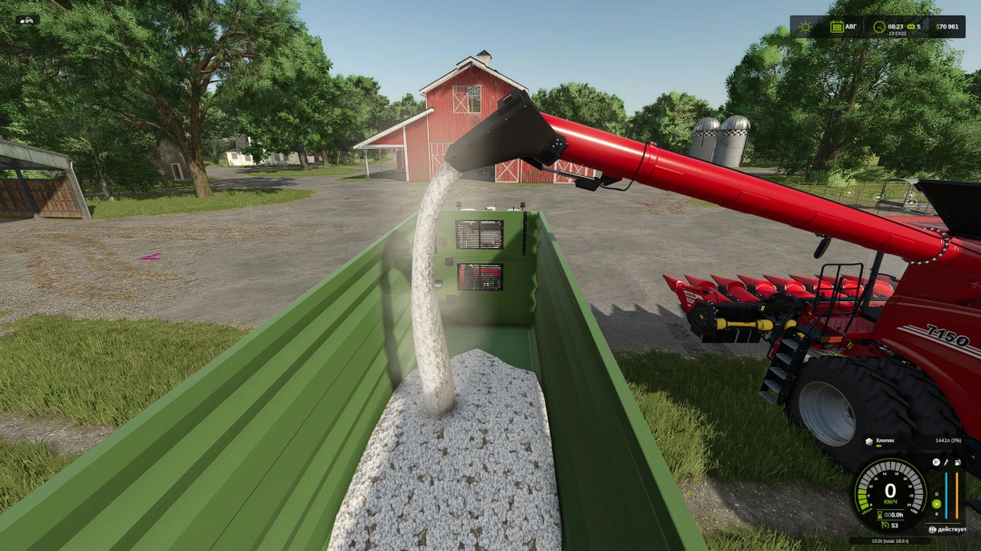 In Farming Simulator 25, a red machinery is unloading a gravel or similar material into a green trailer, showcasing an FS25 mod for realistic equipment.