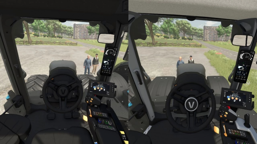 In-game interior view of the Valtra S BlackedOut v1.0.0.0 mod for Farming Simulator 25 with detailed dashboard and steering wheel.