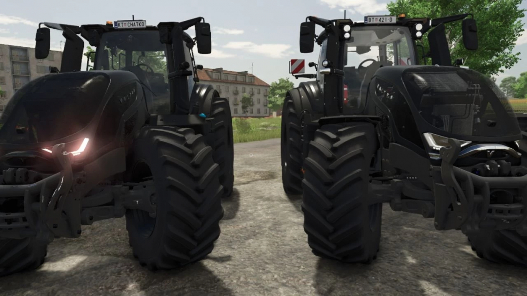 Two black Valtra S tractors from FS25 mods with modern design, large tires, and detailed features in Farming Simulator 25.