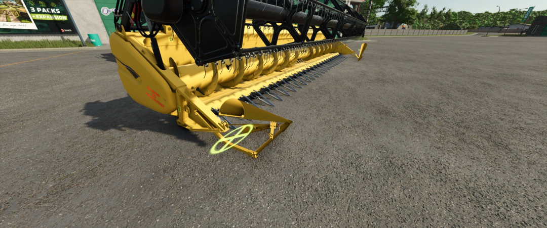 Farming Simulator 25 mod: Yellow Varifeed 28ft head featuring Claas and New Holland branding, on a dirt lot.