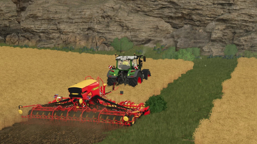 Farming Simulator 25 mod featuring Väderstad Rapid A800S Rust Edition in the game, with a tractor and seed drill working on farmland.