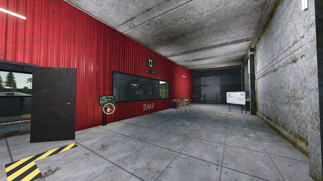 Farming Simulator 25 mod image showing a vehicle service building with tools, signs, and a digital display in a modern industrial setting.