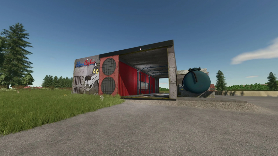 Farming Simulator 25 mod: Vehicle Service Building v1.0.0.0 with graffiti wall and water tank, ideal for FS25 vehicle maintenance.
