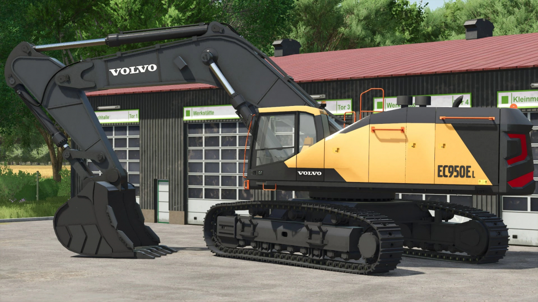 Farming Simulator 25 mod featuring a Volvo EC950EL excavator with realistic details and tracked undercarriage, ideal for construction tasks.