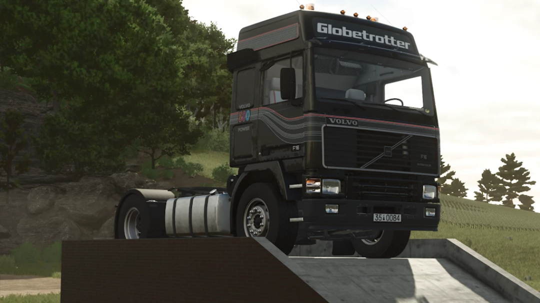 Farming Simulator 25 mod featuring a black Volvo F16 Globetrotter truck on a ramp, showcasing the FS25 mods scene.