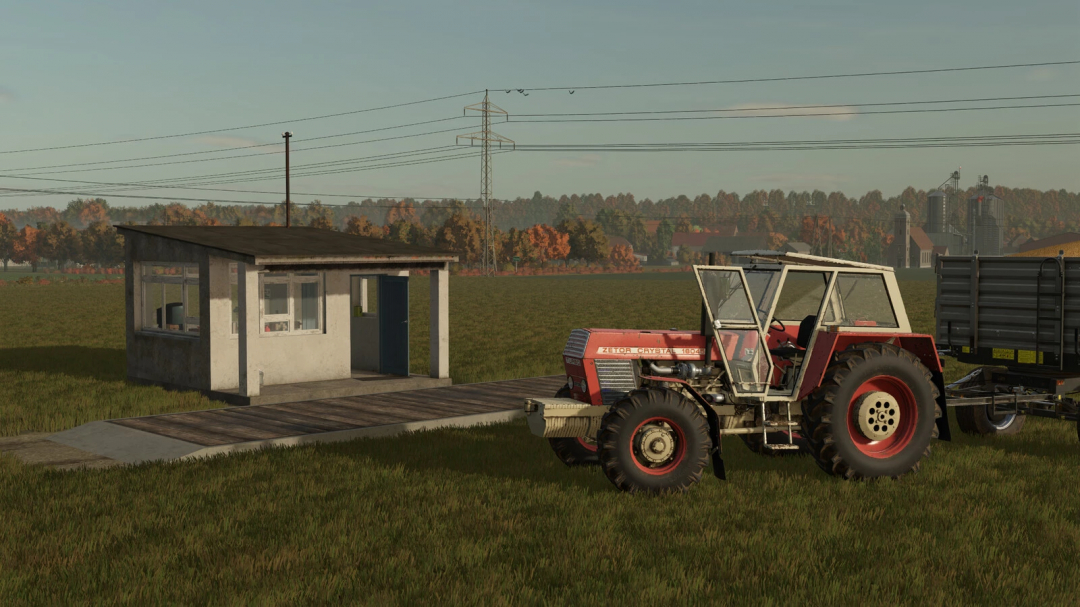 Farming Simulator 25 mod: Weighing Station PGR v1.0.0.0 with tractor and small building in a rural field setting.