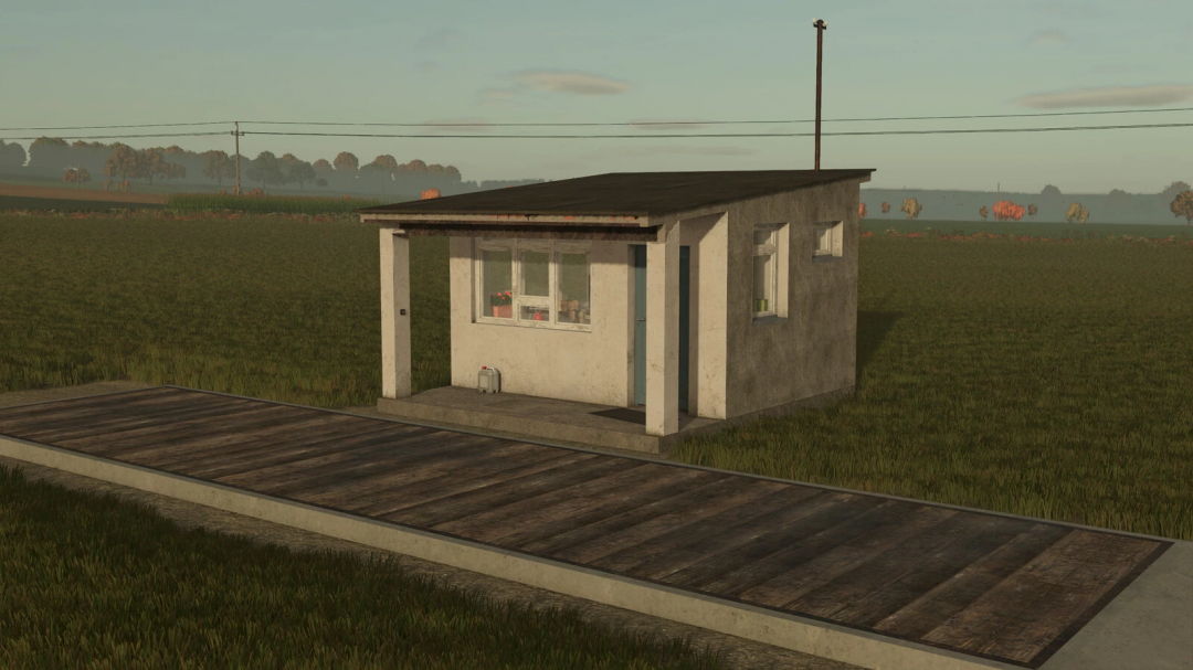 Farming Simulator 25 mod: Weighing Station PGR v1.0.0.0, small concrete structure with a ramp and windows, set in a rural field environment.