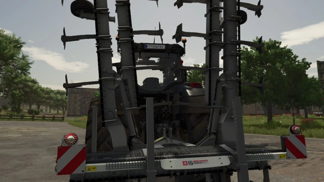 Farming Simulator 25 mod showing a large black tractor with a Flex-Plow 12.4P v1.0.0.0 attachment, ready for fieldwork.