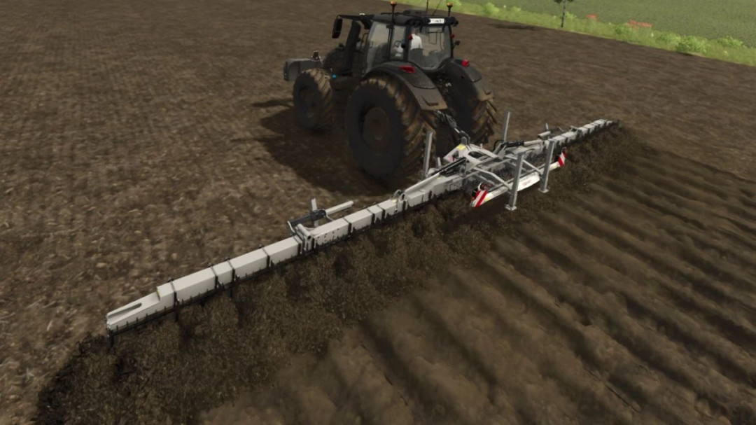 Farming Simulator 25 mod: Euro Sakovi Flex-Plow 12.4P v1.0.0.0 working on a field in FS25.