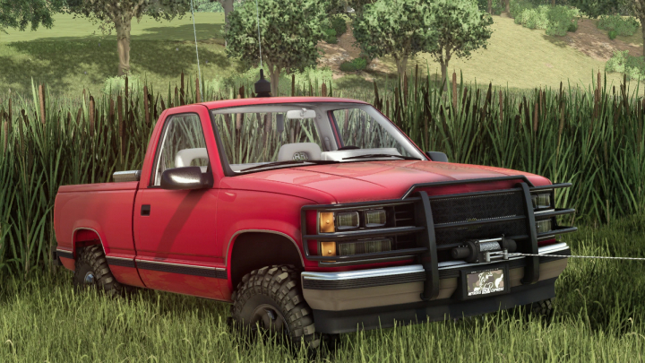 fs25-mods,  Red modified pickup truck with off-road tires and a front grille guard in Farming Simulator 25, featuring the 1994 Chevy 1500 v1.0.0.0 mod.