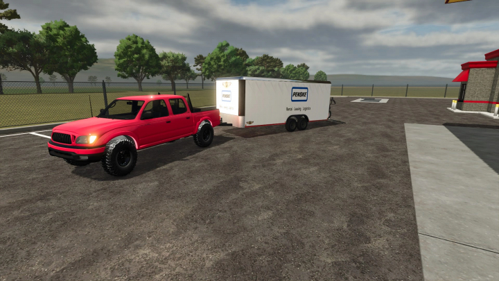 fs25-mods, Farming Simulator 25 mod: red pickup truck with a trailer at a gas station, part of FS25 mods collection.