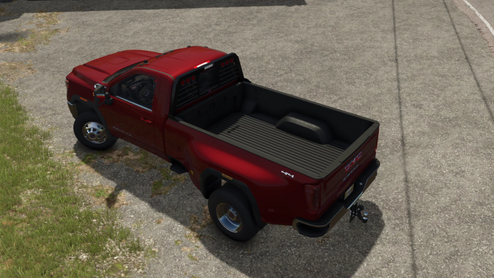 fs25-mods, GMC Sierra 3500HD truck mod in Farming Simulator 25, showcased in red with a large cargo bed and trailer hitch, part of FS25 mods.