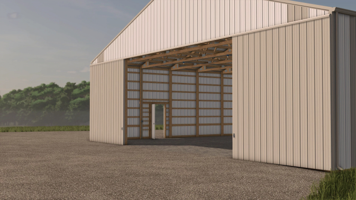 fs25-mods,  Farming Simulator 25 mods: 60x120 Shed v1.0.0.0, a large metal storage shed with open entrance, ideal for farming equipment and vehicle storage.