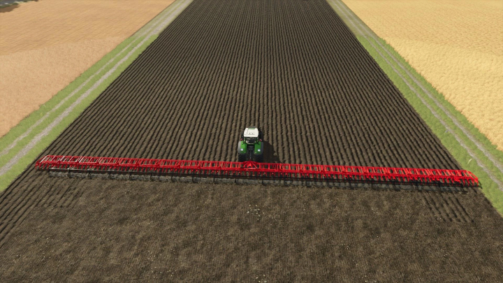 fs25-mods,  Farming Simulator 25 mod showing a tractor with a red cultivator on a large field, part of the FS25 mods collection.