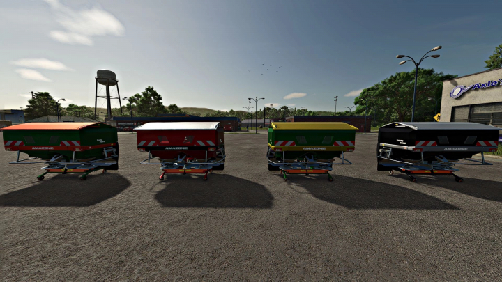 fs25-mods, Farming Simulator 25 mods featuring four Amazone ZA-TS 3200 seeders in different colors on the dealership lot.