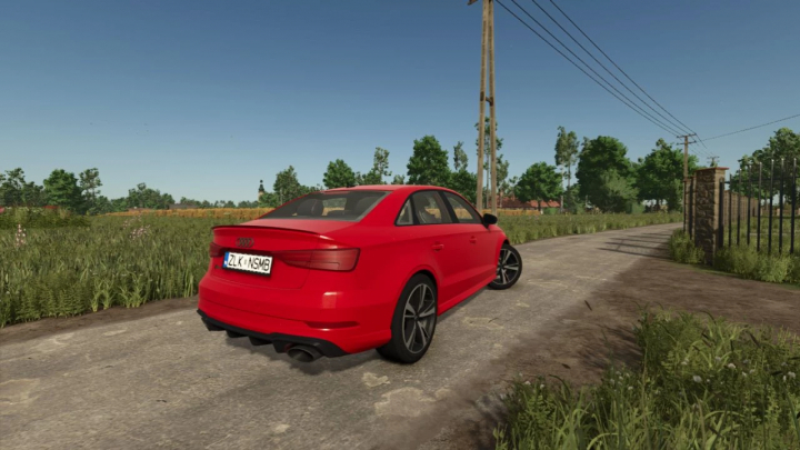 fs25-mods,  Red Audi RS3 2020 mod from Farming Simulator 25, parked on a rural road surrounded by greenery.