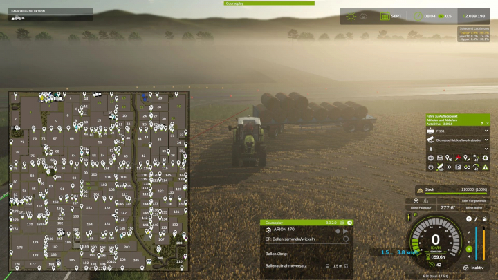 fs25-mods, Farming Simulator 25 mod screenshot showing a tractor with autoload trailer on the US Flatlands Map 4x in foggy morning scenery.