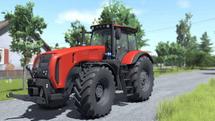 fs25-mods,  Farming Simulator 25 mod: Belarus 3525 tractor on a rural road, detailed with large tires, in a lush green environment.