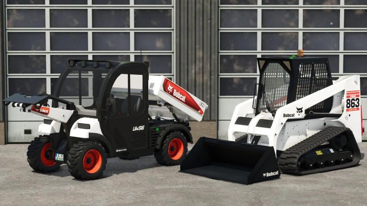 fs25-mods, Image of Bobcat 963 Turbo & Toolcat UW 56 skid steer loaders from Farming Simulator 25 mods, featuring white and black models with red branding.