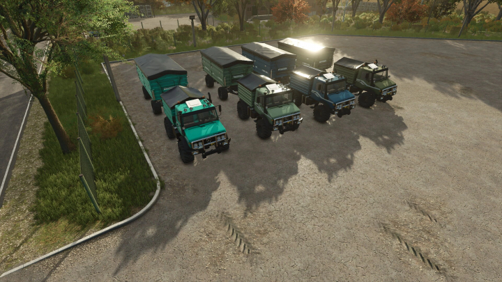 fs25-mods,  Farming Simulator 25 mods featuring Brantner Z18051 v1.0.0.0 trailers in a parking area with autumn trees. Great FS25 mods for realistic farming.