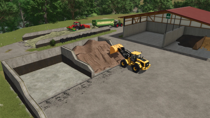 fs25-mods, Farming Simulator 25 mod showing a loader, sand, and storage areas with the Bunker Wall Set v1.0.0.0.