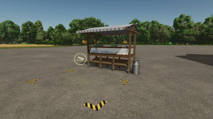 fs25-mods, Farming Simulator 25 mod: dairy production stall with milk bottles, milk can, and yellow warning markers on the ground.