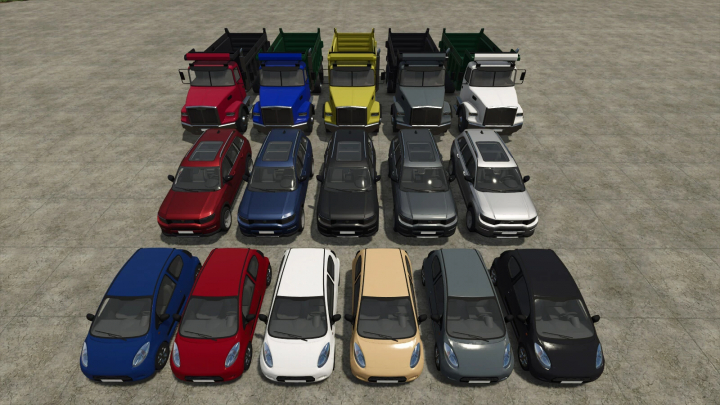 fs25-mods, FS25 mods: Decorative Car Pack v1.0.0.0 featuring colorful cars and trucks in Farming Simulator 25.