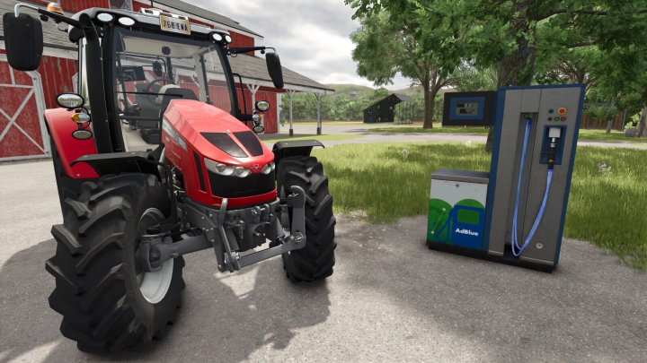 fs25-mods, Farming Simulator 25 mod: Red tractor fueling at an AdBlue station on a farm, with a digital display and fueling equipment visible.