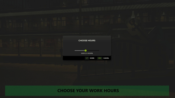 fs25-mods,  Farming Simulator 25 mod screen showing the 'Choose Hours' for the Employment mod with a selected time of 16:00, under the 'Choose Your Work Hours' prompt.