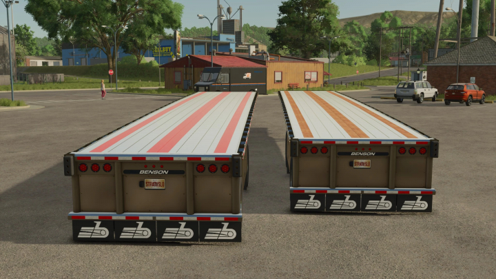 fs25-mods, Two FS25 Benson Flatbed trailers parked in a lot in Farming Simulator 25, showcasing mods for Farming Simulator 25.