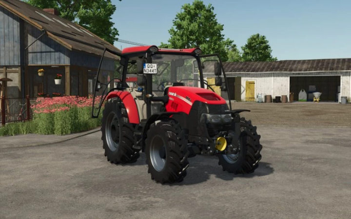 fs25-mods,  Farming Simulator 25 mod: Red Case IH Farmall tractor in a farmyard setting, showcasing detailed agricultural machinery.