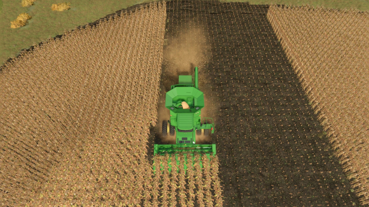 fs25-mods, Farming Simulator 25 mod featuring a green John Deere tractor harvesting corn with a John Deere 43 Series Corn Head.