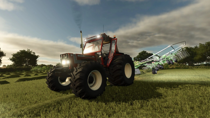 fs25-mods, Farming Simulator 25 mod featuring a red Fiat 110-90 tractor with attached farming equipment on a field during daytime.