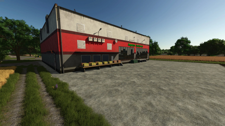 fs25-mods,  Farming Simulator 25 mod: Food Warehouse v1.0.0.0, a large supply building with grocery store signage, outdoors setting, trees, and parking area.
