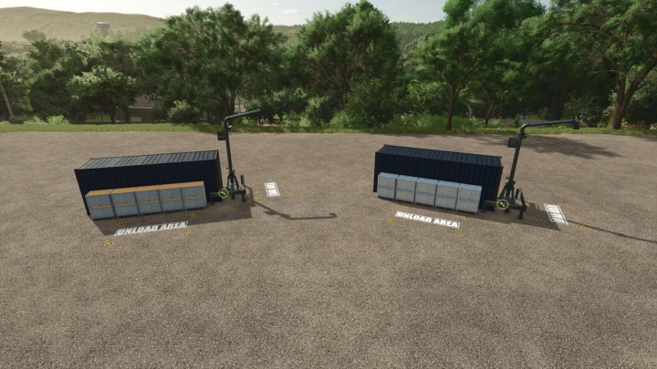 fs25-mods, Two grape and olive storage tanks with unload areas in Farming Simulator 25, part of the Grape And Olive Storages mod v1.0.1.0.