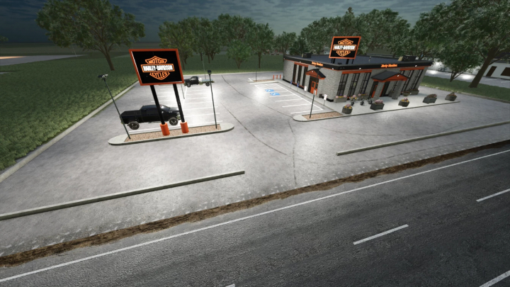fs25-mods, Farming Simulator 25 mod: Harley Davidson dealership with parking lot and trees in the background, showcasing the Harley Davidson Dealership v1.0.0.0.