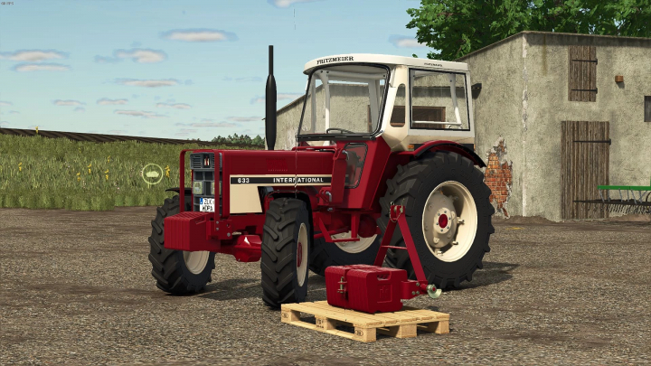fs25-mods, Farming Simulator 25 mod: IHC weight v1.0.0.0 attached to a tractor, displayed on wooden pallet, for enhancing farming equipment in FS25.