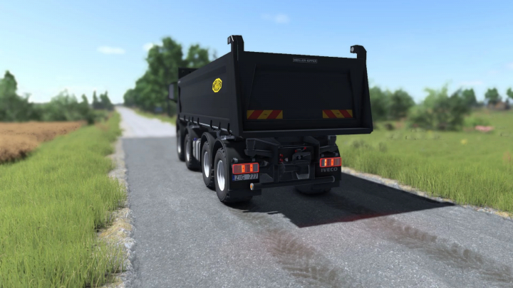 fs25-mods, Farming Simulator 25 mod: Iveco X-Way 8X8 Meiller Kipper viewed from the rear on a rural road with green fields.